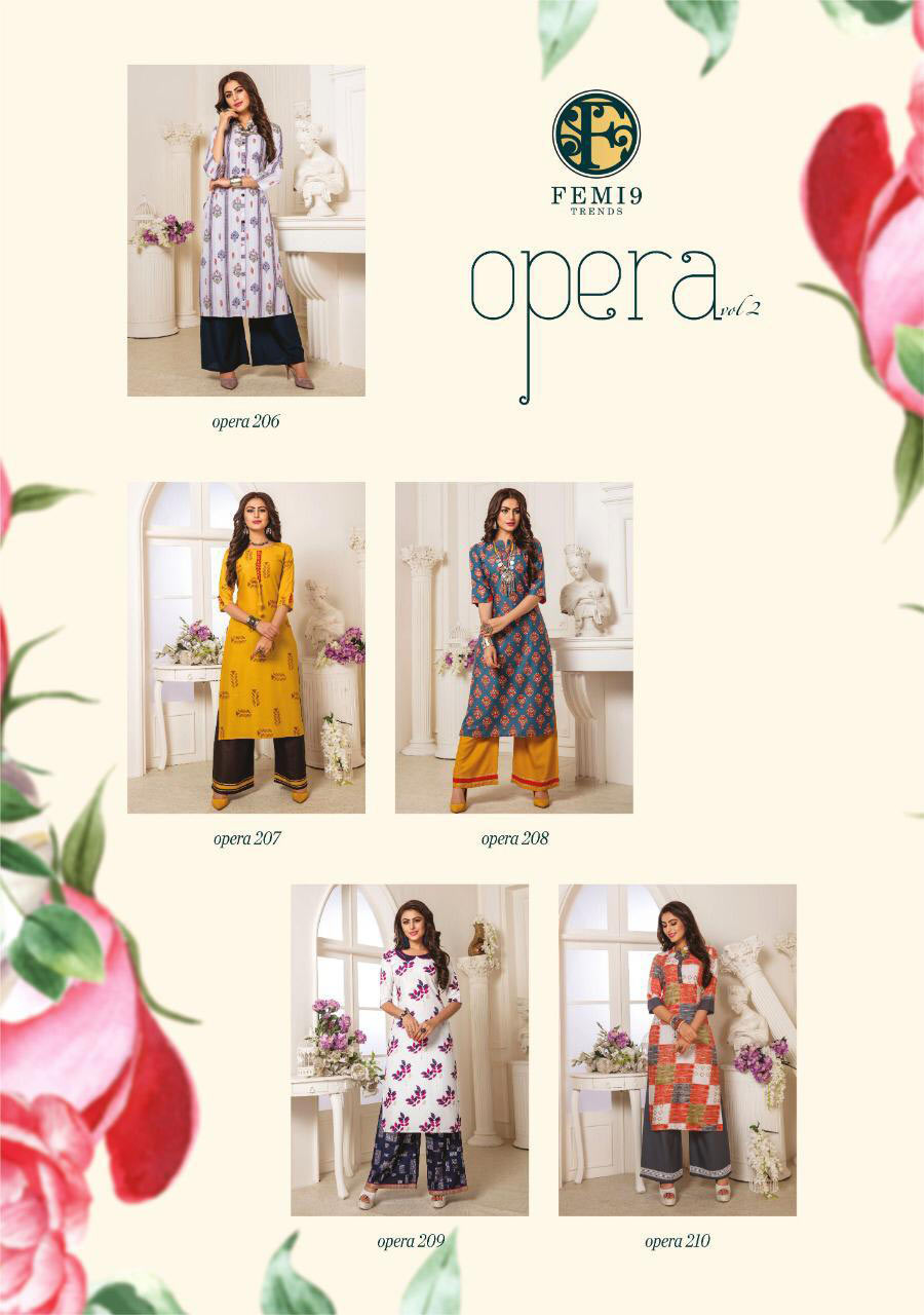 Opera Vol 2 By Femi9 Rayon Print Beautiful Kurtis With Palazzo Set Opera Vol 2 By Femi9 Rayon Print Beautiful Kurtis With Palazzo Set